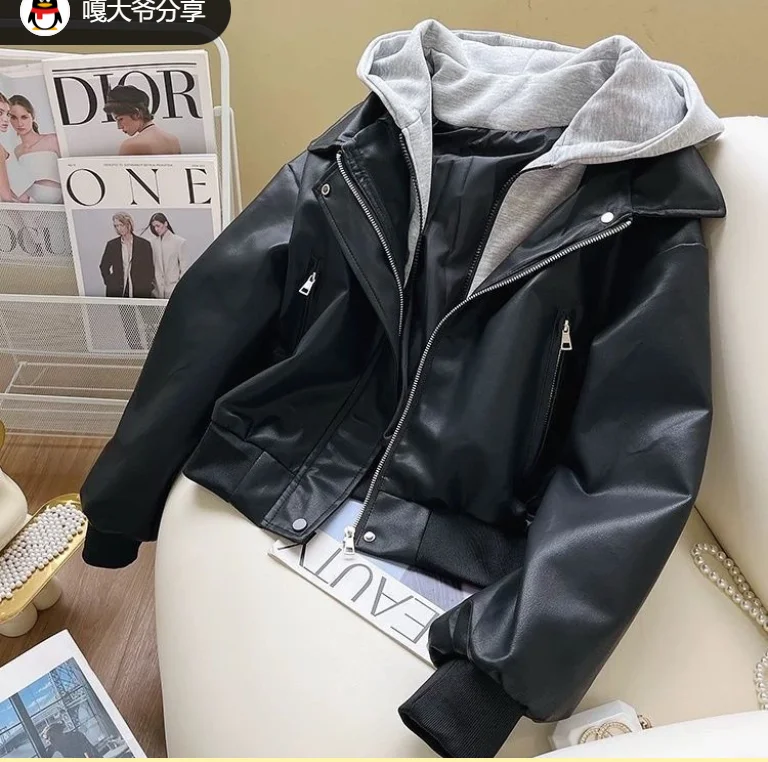 Korean Fashion Splice Design Hat Jacket Women's Spring 2026 Versatile Leather Jacket Fake Two-Piece Outerwear