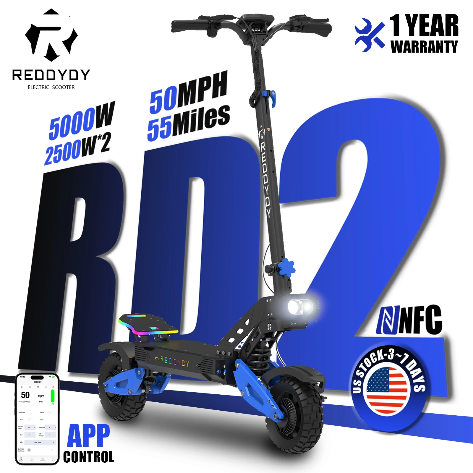 REDDYDY RD2 Electric Offroad Scooter 50MPH Max Speed 5000W Peak Dual Motors Adult Scooter 60V25Ah High Capacity Battery 55Miles Long Range 3-riding Modes 10.5