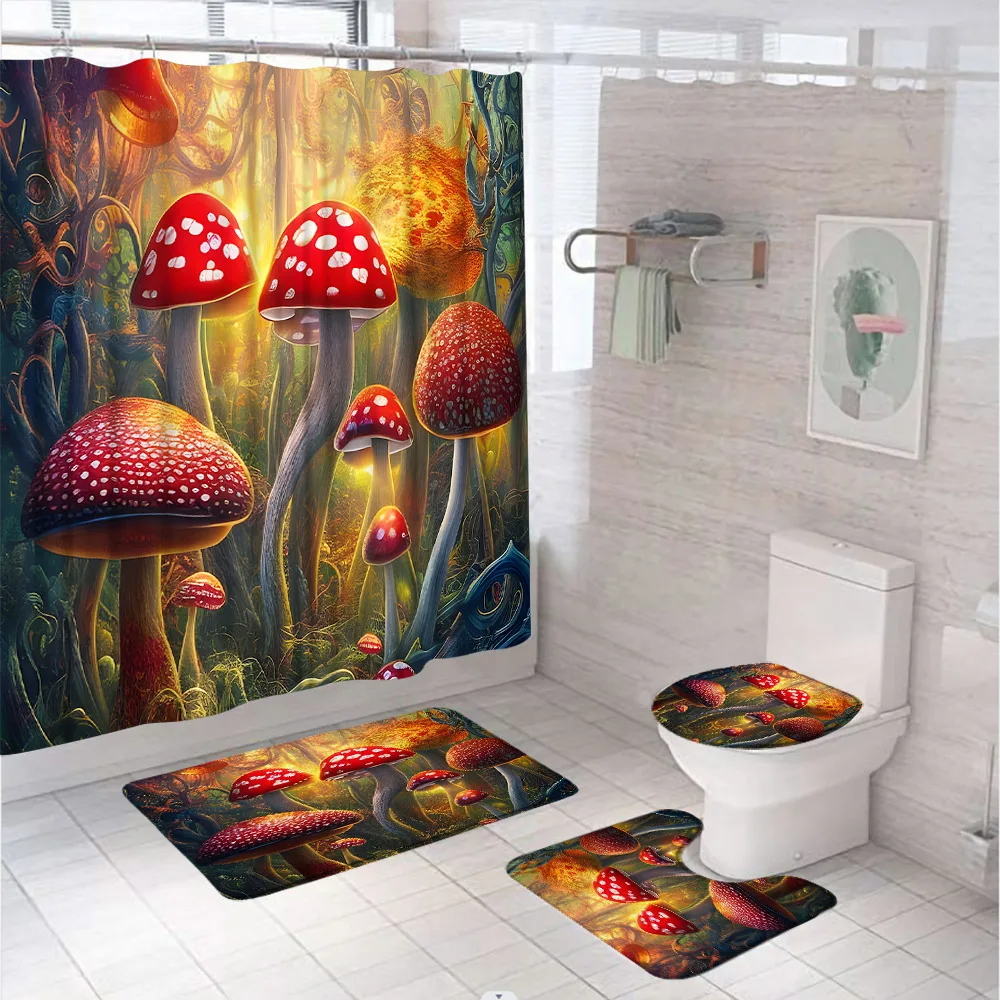 

Fantasy Mushroom Shower Curtain Set Forest Plant Psychedelic Fairy Tale Bathroom Curtains Non-Slip Rug Toilet Lid Cover Bath Mat