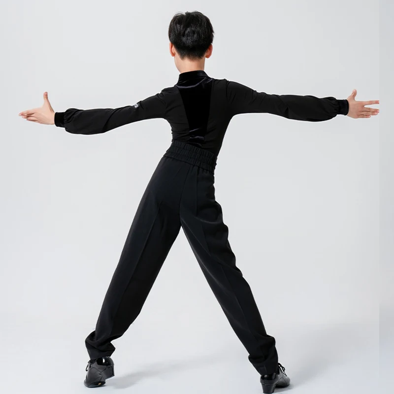 Costume de danse latine pour garçon, haut en maille noire à col en v, ensemble de pratique Rumba Samba, salle de bal pour enfants, vêtements de compétition Cha XH1763