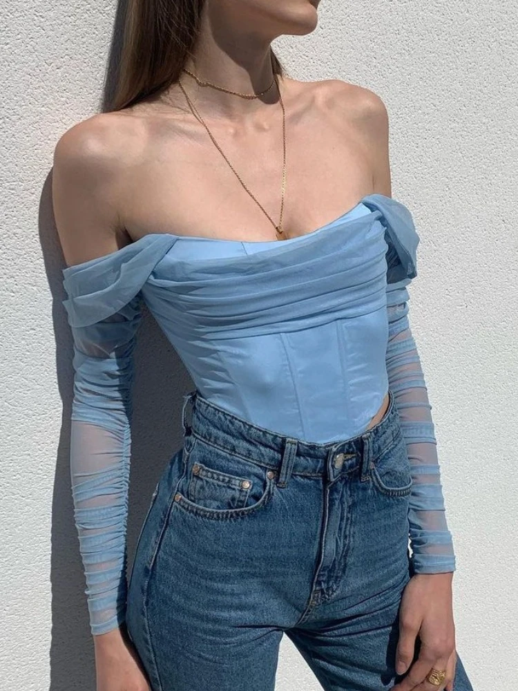 Hot Selling Sexy Mesh Fishbone See Through One Cut Collar with Exposed Navel, Short Sleeved Solid Color Strapless Top for Women