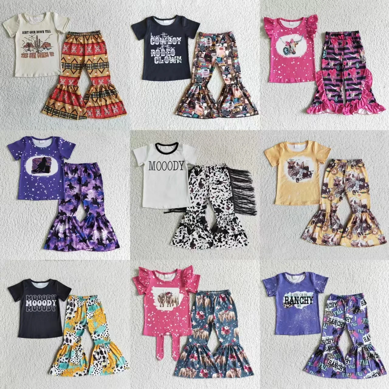 Wholesale Western Moody Toddler Outfit Baby Girl Short Sleeves Shirt Tops Cow Print Bell Bottom Pants Children Kids Clothes