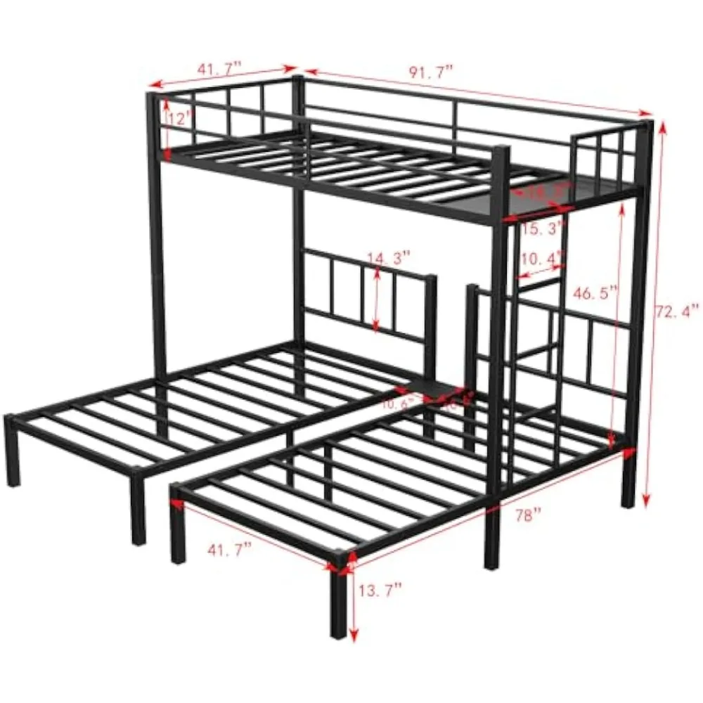 Triple Bunk Bed, Metal 3 Bunk Beds for Kids, with Detachable Design, Guardrails, Ladder and Shelves, Space Saving