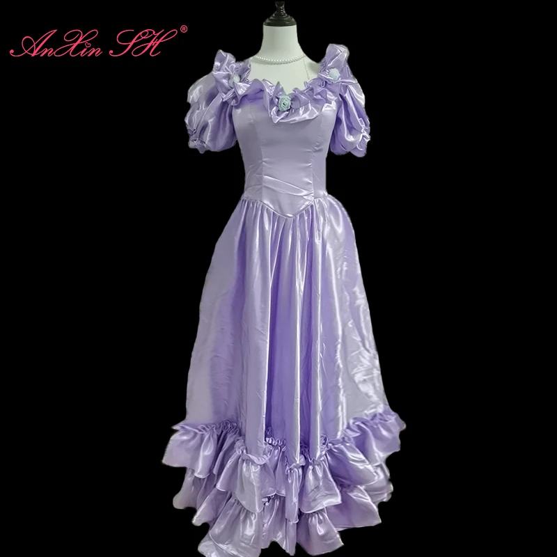 AnXin SH vintage purple taffeta flower princess boat neck puff sleeve pink big bow green Antique  customized wedding dress