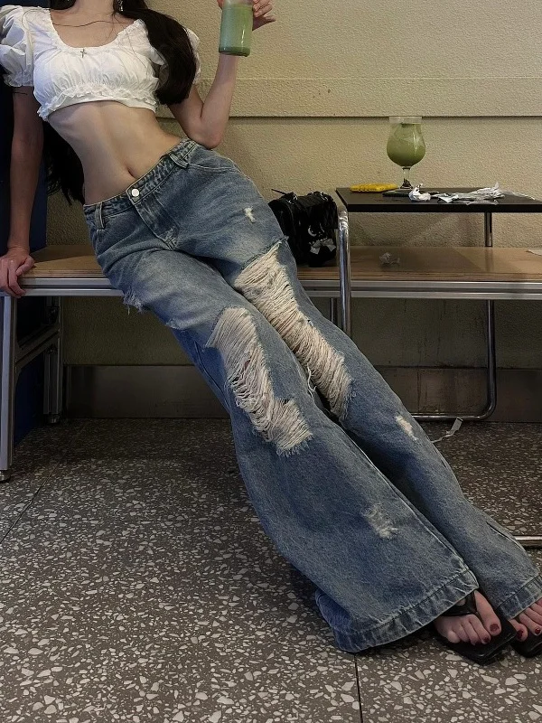 

Low Waist Ripped Wide Leg Denim Jeans Women Summer 2026 Trendy Loose Casual Hot Girl Long Pants American Retro Style