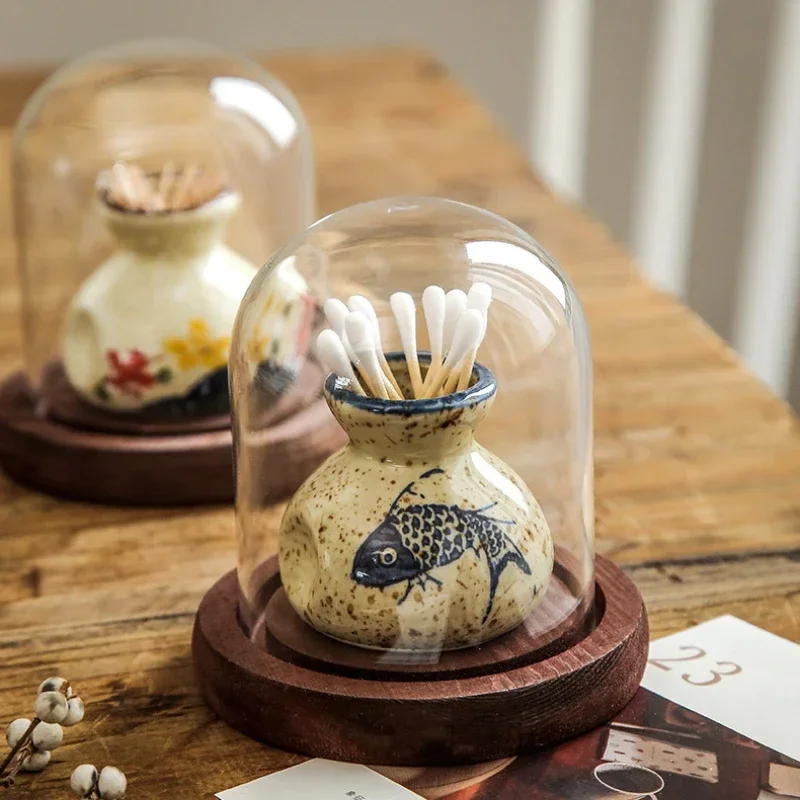 Chinese Style Ceramic Toothpick Jar Ornament Glass Cover Living Room Desktop Dental Sign Tube Cotton Swab Tube Toothpick Holder