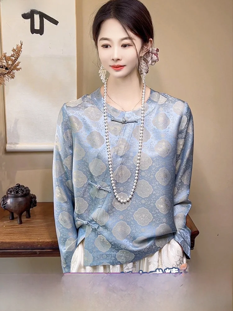 

Новая женская блузка из натурального шелка ручной работы в китайском стиле, с длинными рукавами, винтажный дизайн, прямой крой, свободная посадка, комфортная и дышащая.
