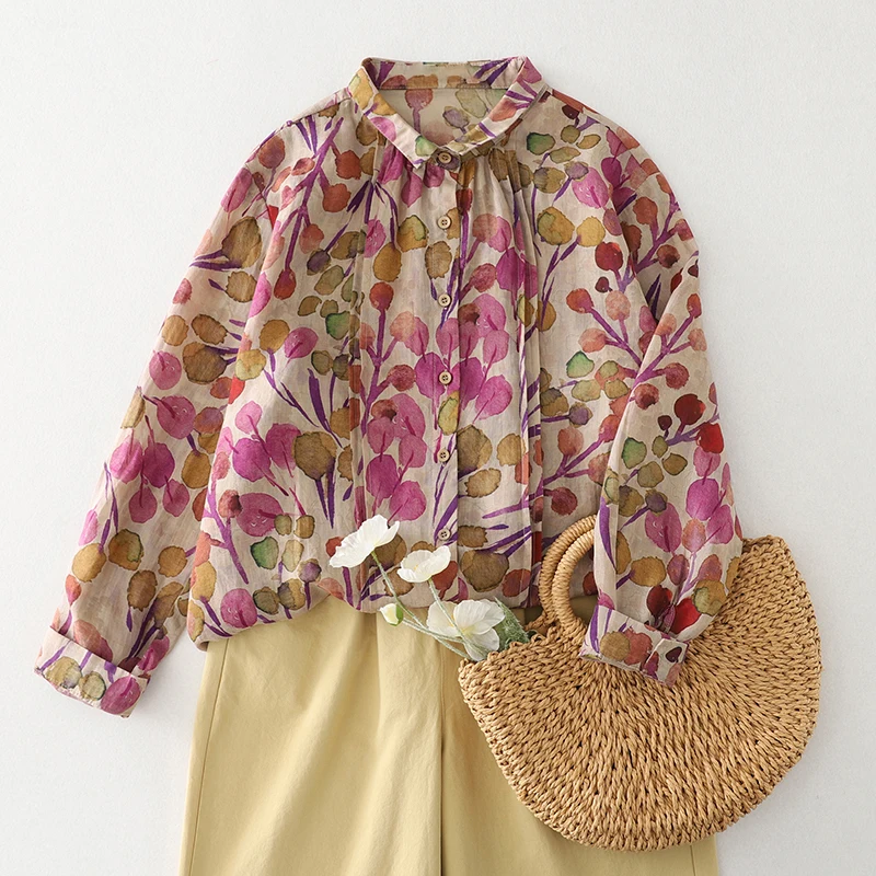 

Spring 2025 Women's Loose Fit Floral Print irt round Ne Long Sve Versatile Casual Sweet Personali New Arrival Top