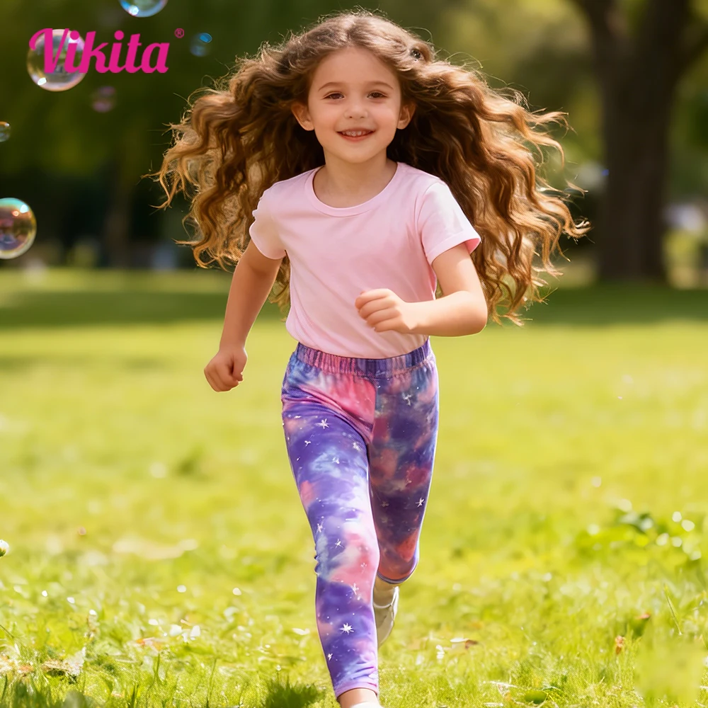 VIKITA Kids Galaxy Print Leggings Kids Vibrant Starry Elastic Waist Trousers Girls Polyester Casual Fashion Pants Outfits 5-8Y