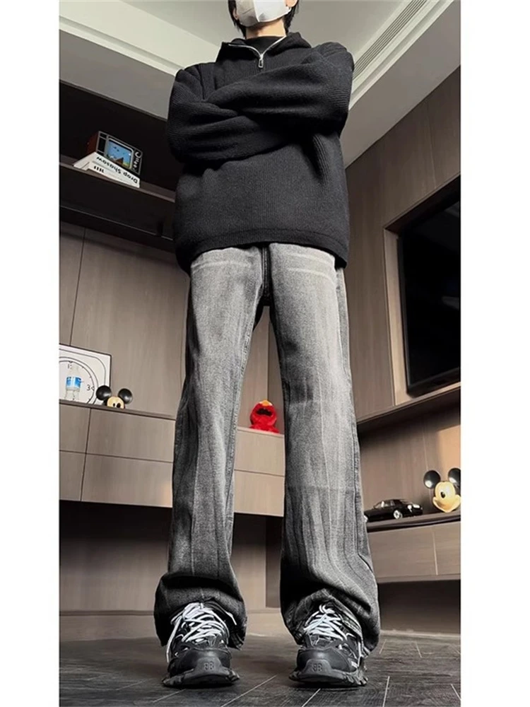 

Men's Spring Autumn High Street Vibe Denim Pants Lengthening Legs Cleanfit Flared Trousers Pure Color Casual Loose Fit Jeans