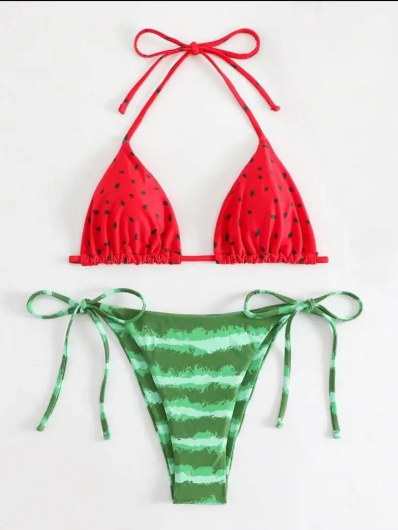 Sexy women cute watermelon print halter string micro bikini sets two pieces swimsuit Swimwear bathing suit beach outfits biquini