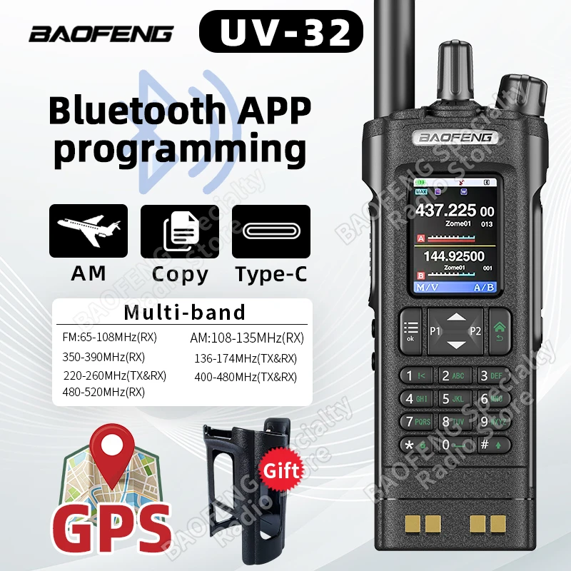 

BAOFENG UV-32 Walkie Talkie GPS Bluetooth Programming Wireless Copy Frequency 10W Air Band Long Range Type-C Two Way Ham Radio