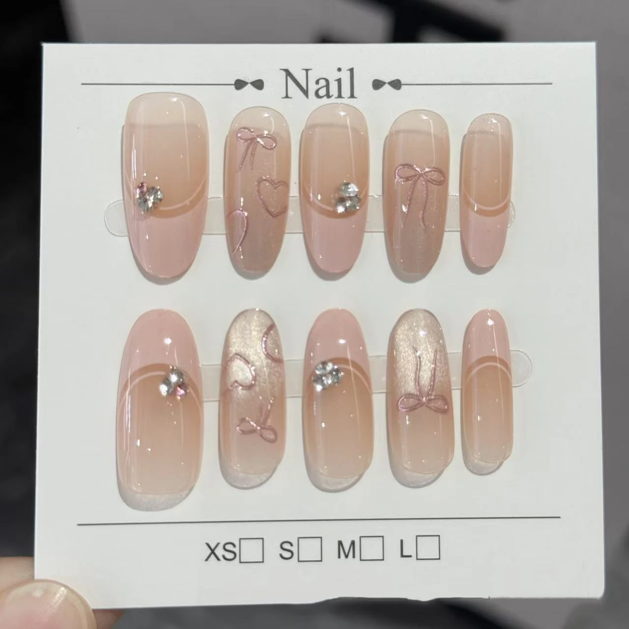 10 szt. Ręcznie Robione Słodkie Różowe Francuskie Paznokcie Doczepiane Migdałowe Kokardka Serce Sztuczne Paznokcie Śliczna Dziewczyna Cyrkonie Wielokrotnego Użytku Sztuczne Paznokcie