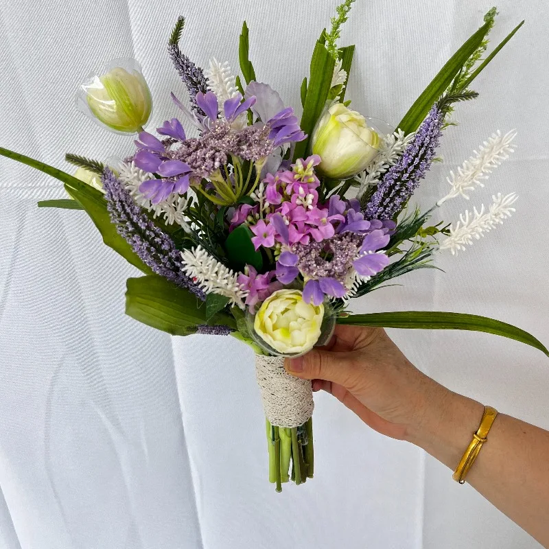 

Новый корейский свадебный букет из искусственных цветов фиолетового цвета, букет невесты, цветы для помолвки, подарок для девушки, реквизит для фотосессий, сделай сам