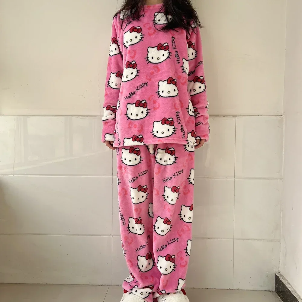 

2Pcs/Set Anime Pajamas Pants Sanrio Hello Kitty Pajama Set Cartoon Cute Home Wear Couple Warm Loungewear Girl's Gift