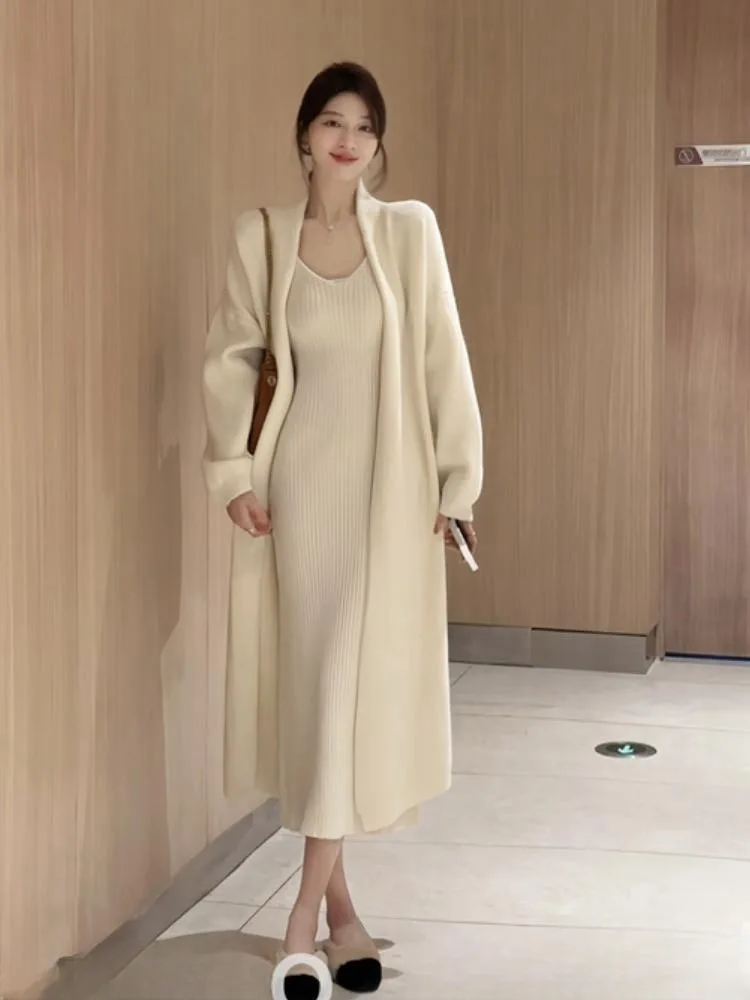 

Knitted Camisole Dress Long Sweater Cardigan Set Women Spring And Autumn New Gentle Temperament Lazy Style Long Dress