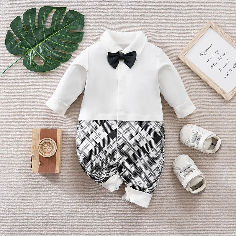 Newborn Spring and Autumn Long sleeved Gentleman BowStrap Pants jumpsuit Party Role Playing Baby Boys Bow Birthday Suit 0-18M