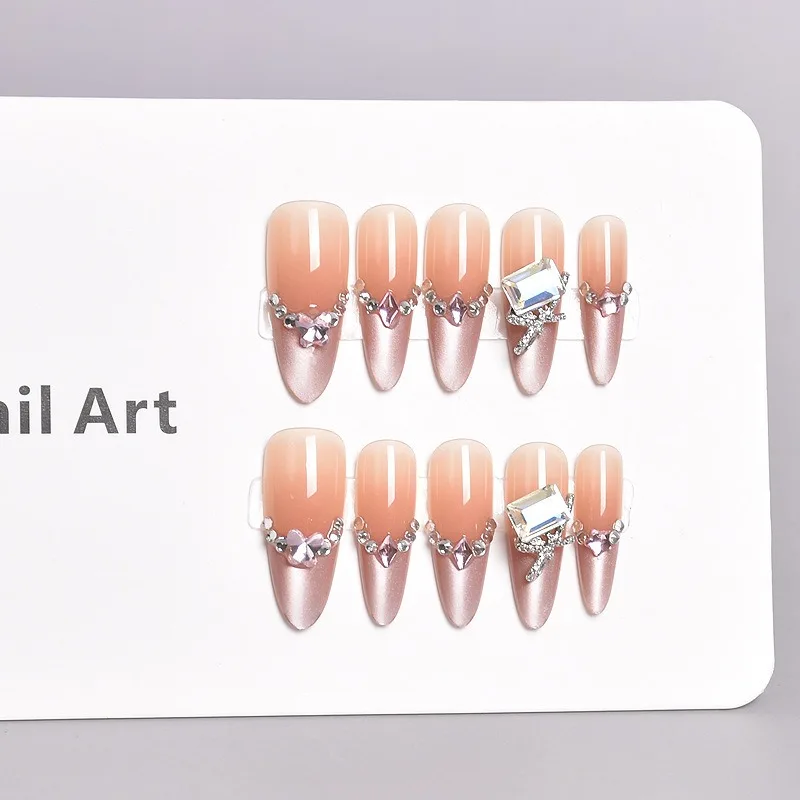 

10 Pcs False Nails with Glue Cat Eyes Fake Nails with Design Reusable Adhesive Nail Tips Girls Nails Press on With Box and Tools