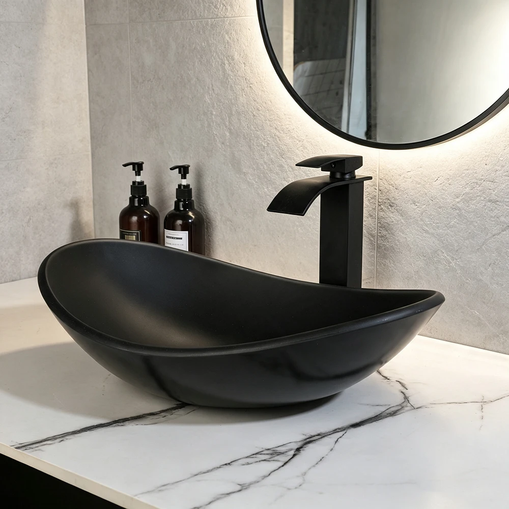 Torayvino Tempered Glass Vessel Sink Black Waterfall Faucet Boat Shape Above Counter Bathroom Vanity Basin Countertop Sink Set