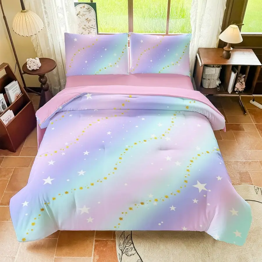 

Bedding Set Full Size 5 Piece Reversible Girls Comforter with DeepPocket Sheet, Gradient Galaxy Design, WholePiece Filling, Mach