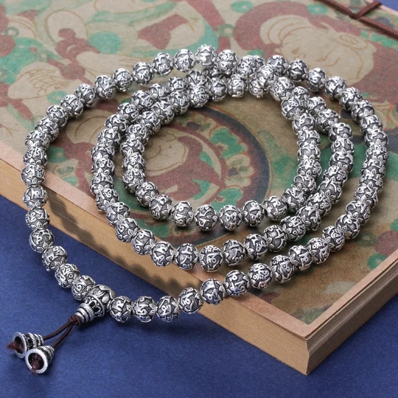 Six-Word Mantra 108 Buddhist Prayer Beads Men And Women Imitation Thai Silver Bracelet Necklace 2