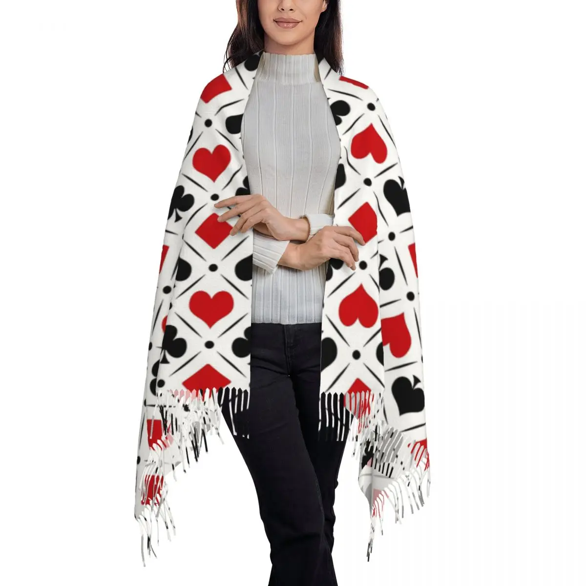 Playing Card Suits Symbols Poker Scarf Tassel Scarves for Women Soft Warm Shawls and Wraps Large Fall Winter Shawl Wrap