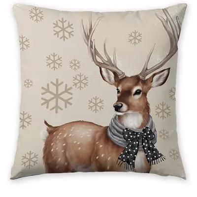 Christmas Happy Cushion Cover, Bowed Little Deer Snowflake Bell Chime Sofa Bed Chair Decorative Item, Home Decoration Gift
