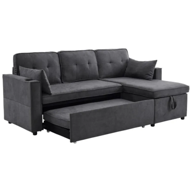 Sofá-cama conversível 3 em 1 com espreguiçadeira de armazenamento interno, sofás-cama em forma de L com porta-copos, travesseiros, bolso de armazenamento