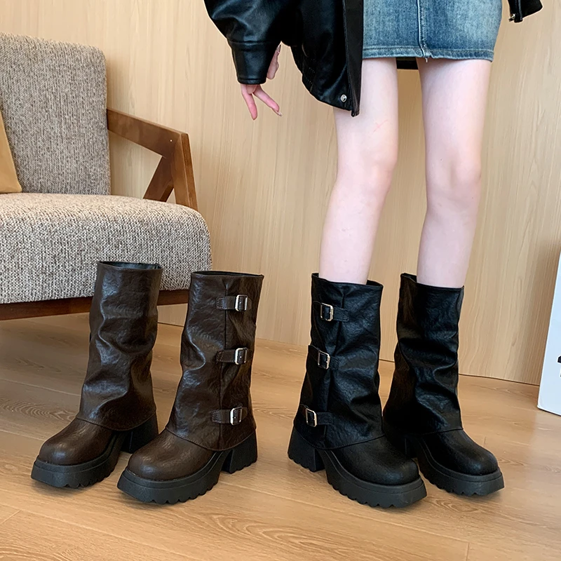 

Женские ботинки-трубы на толстом каблуке с пряжкой на платформе, лаконичные туфли, увеличивающие рост, женские ботильоны до середины икры в стиле панк, Zapatos De Muje