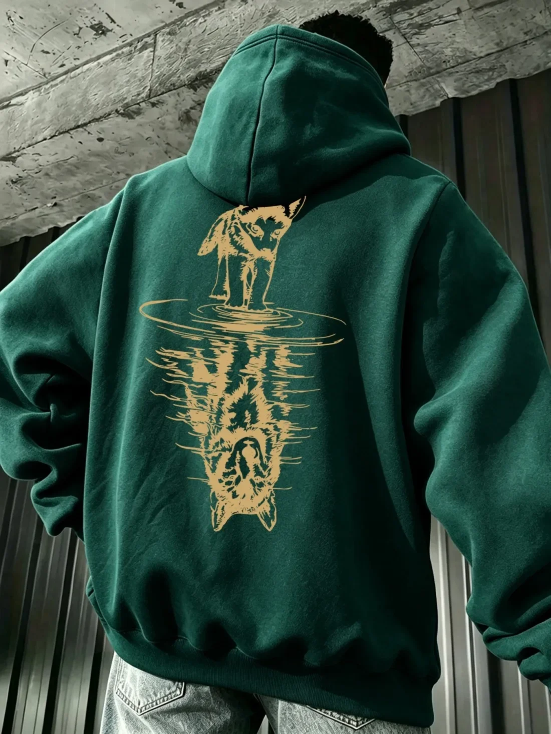 Men Wild Animal Wolf Reflection Graphic Hoodie Vintage Streetwear Loose Hooded Pullover Autumn Winter Fleece Sweatshirt