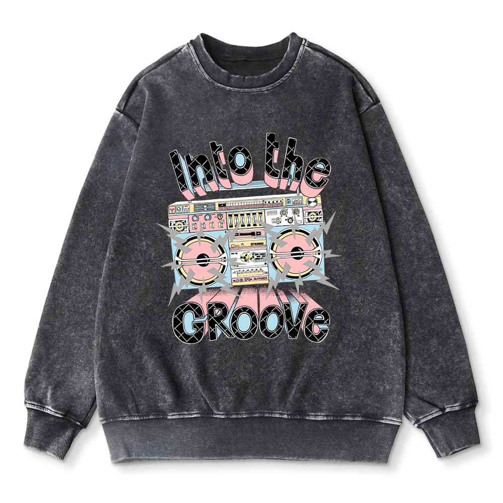 Fashion Men Woman Washed Sweatshirt Into The Groove Music Prints Hoodie Oversize Crewneck Cotton Pullover Casual Couple Clothes