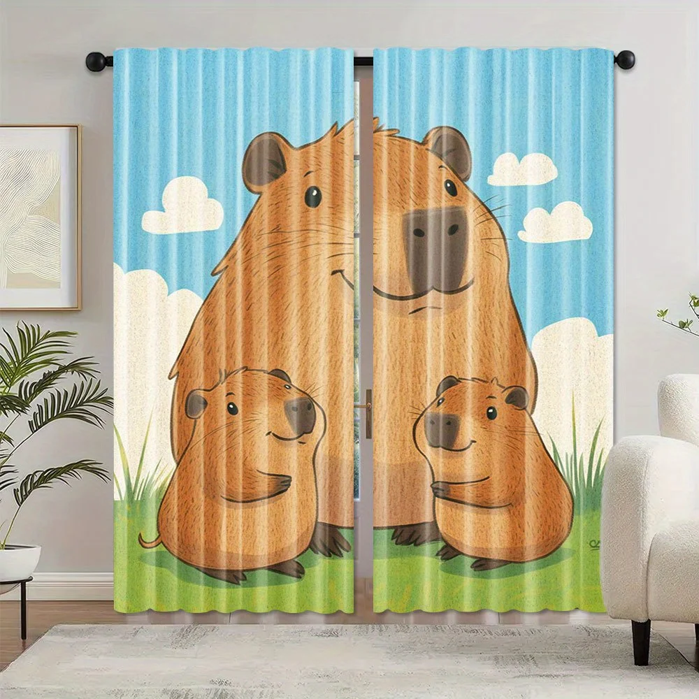 Cute Capybara Curtain Cartoon Animal Family Window Drape Funny Rodent Decor for Kids Room Blue Sky Grassland Home Textile Fabric