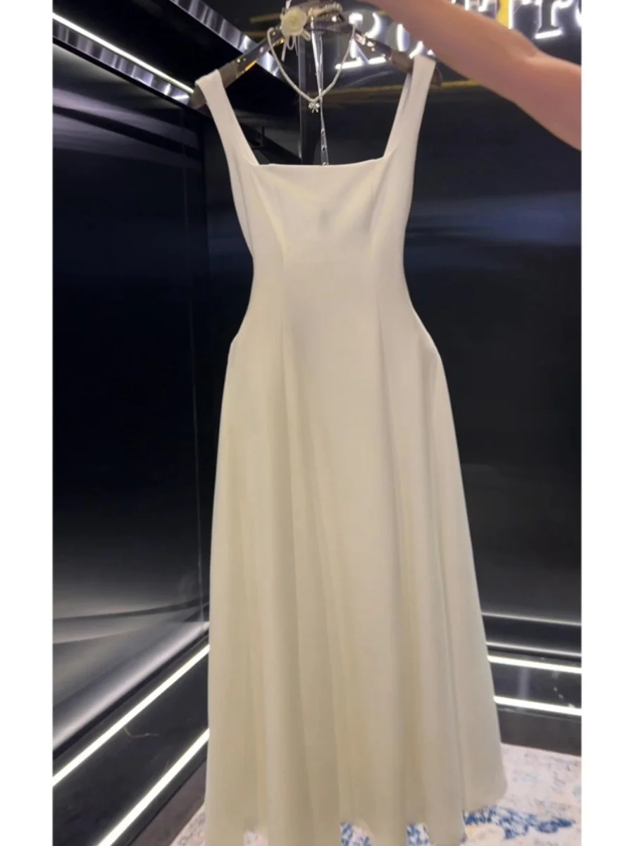 Rétro Ele Square Ne Strap Dr Jupe trapèze pour femme Minceur Taille Design Été Nouveau Sle Trajet Version coréenne Longue...