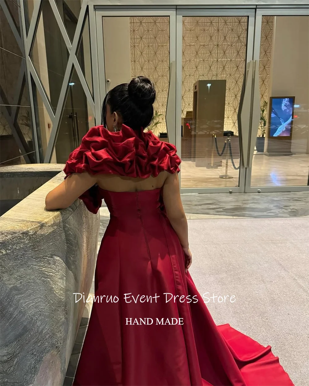 Dianruo Вечерние платья с высоким разрезом и оборками без бретелек, красные атласные платья для гостей Аравии, высокое качество Abendkleider Dubai по индивидуальному заказу