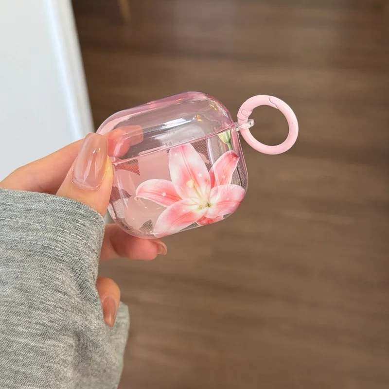 Cute Lily Pattern Clear Earphone Cover Case with keyring For Airpods Pro, Pro2, Pro3, 1, 2, 3, 4, Shockproof