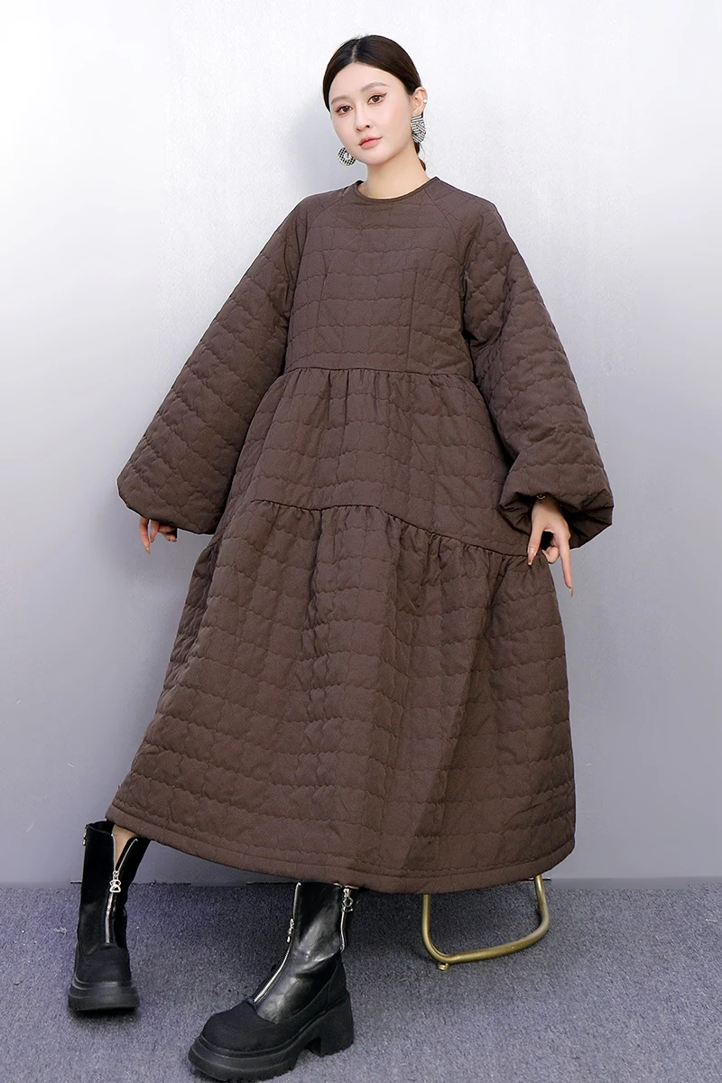 2025 Winter Elegante Frauen Casual Lose Baumwolle Jacke Lose A-linie Design Kleider Weibliche Lange Hülse Kleid Großhandel J2099