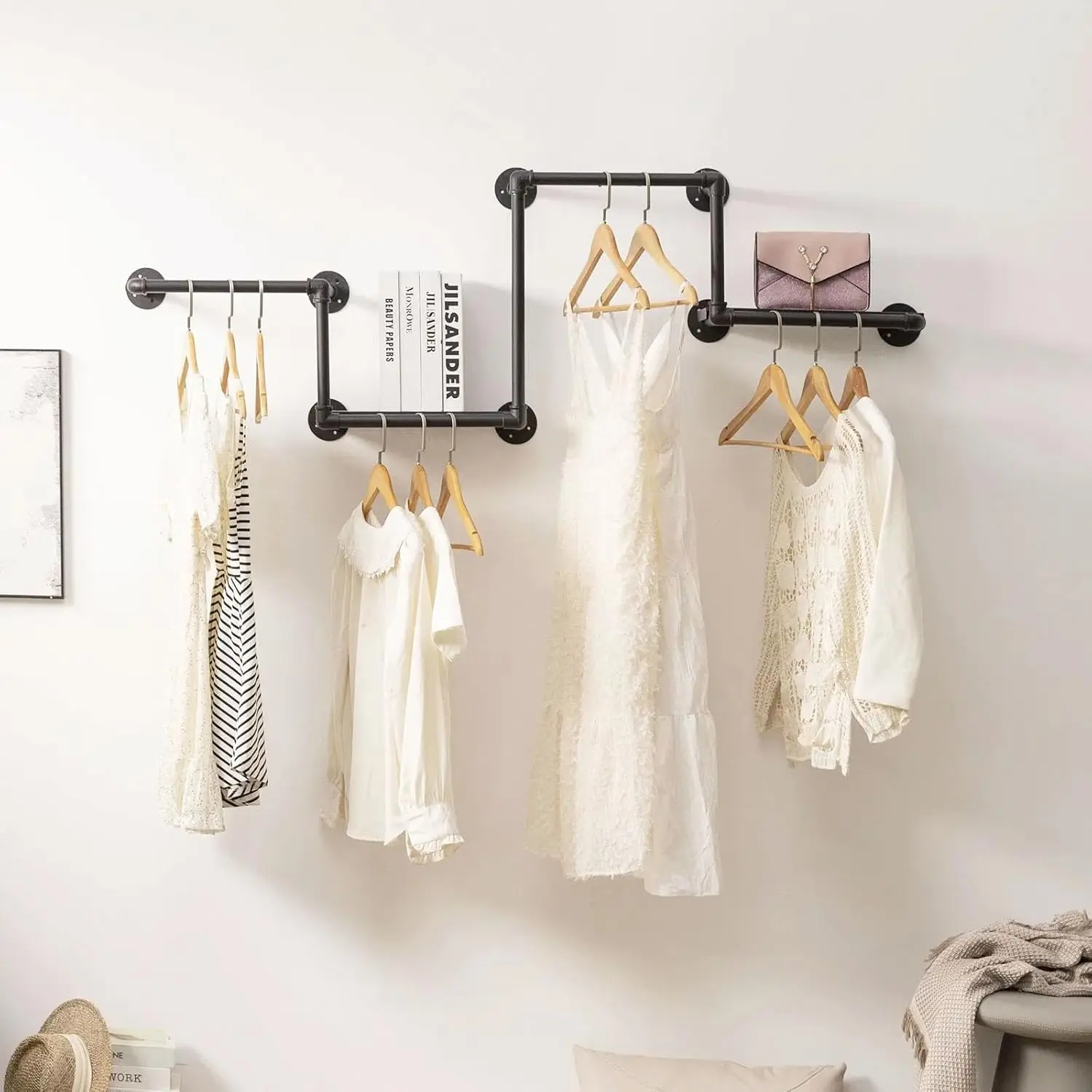 

Industrial Pipe Clothing Rack With 2 Floating Shelves, 3 Hanging Rods Wall Mounted Garment Rack, Heavy Duty Iron Clothes Bar,