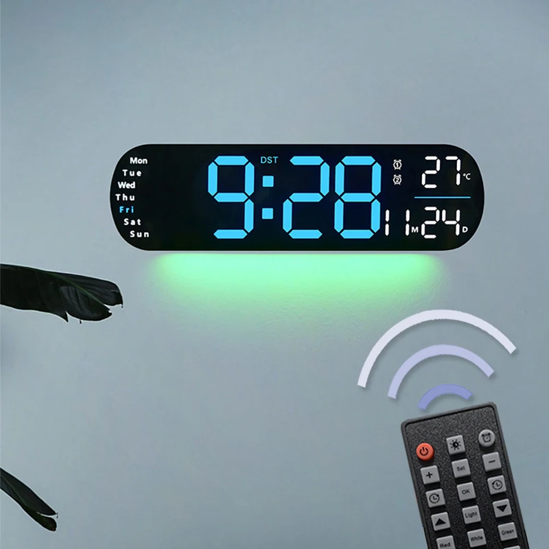 LED Digital Wall Clock Adjustable Brightness 12/24H System Dual Alarms Electronic Clock with RE Temp Date Time Week Display