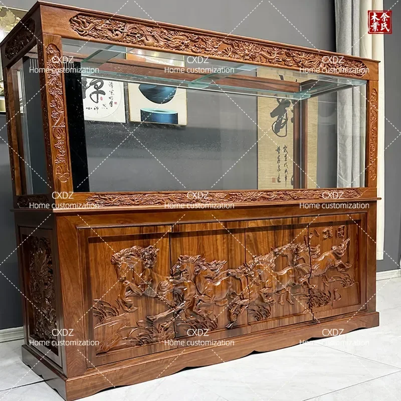 Large Solid Wood Fish Tank Cabinet with Deep Carving for Office Living Room Villa Aquarium Base Stand Chinese Style Ba Jun