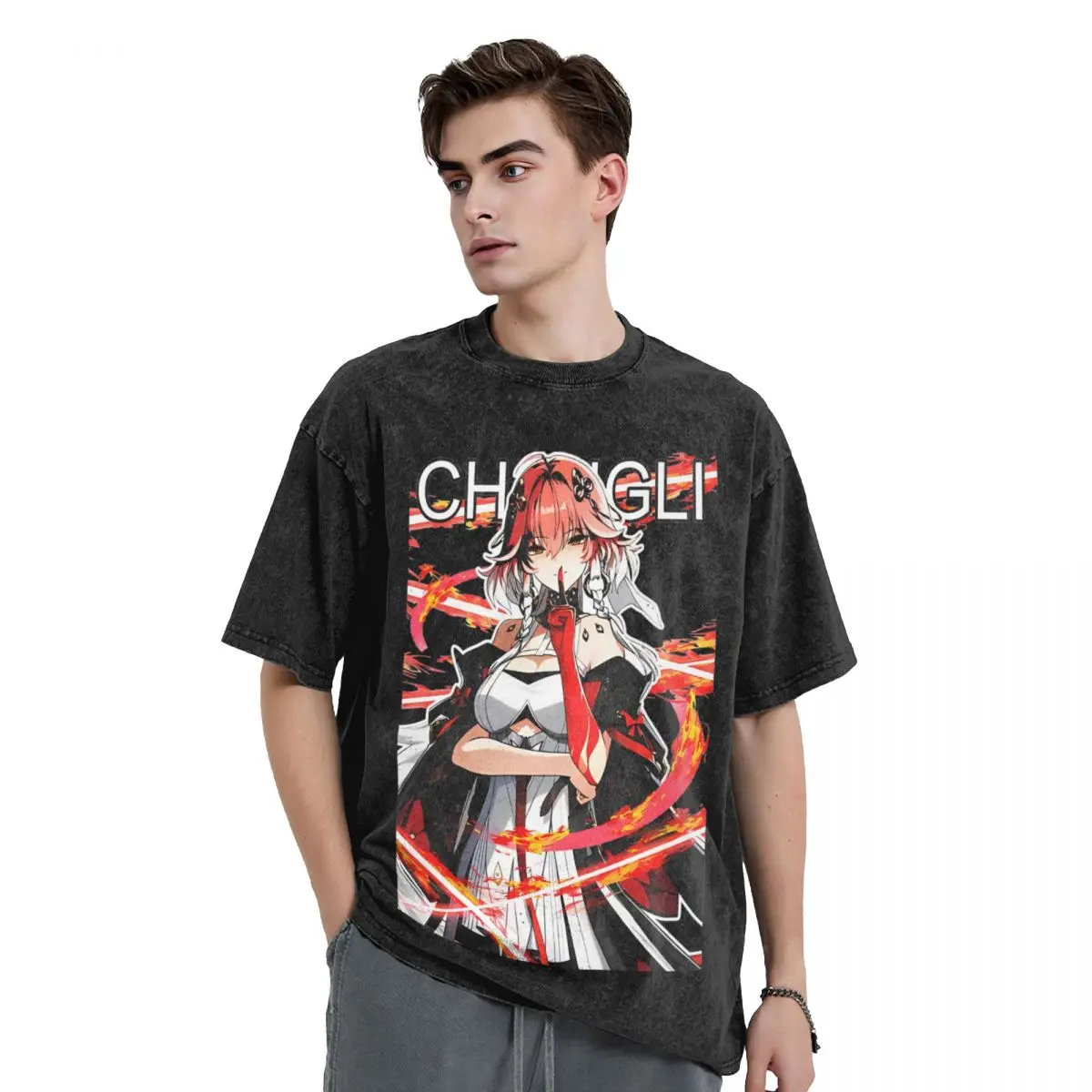 Wuthering Waves Changli T Shirts Washed Short Sleeve Oversize T-Shirts Anime Game Men Women Tops Streetwear Summer Tops Tees