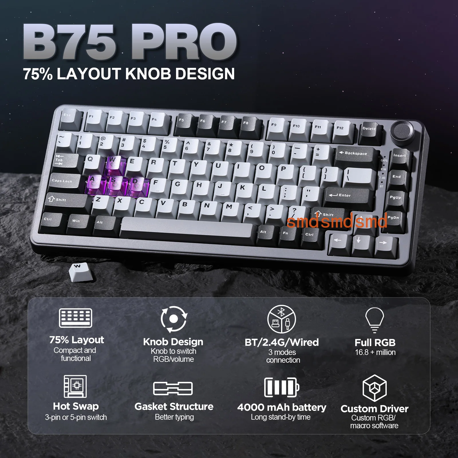 B75 PRO Dark Gray Wireless Mechanical Keyboard, 75% Gasket Gaming Keyboard, Custom RGB Creamy Knob Keyboard for Mac/Win