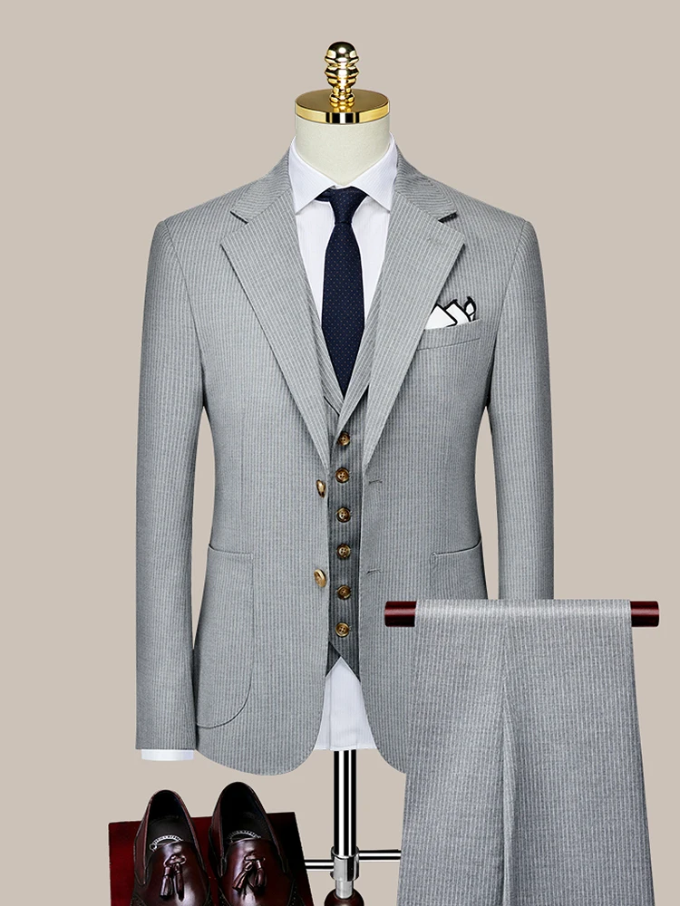 

Men Suit Blazer Vest Pant Normal Slim England Retro Style 2022 Spring Grey Stripe Business Man Daily Clothing Wedding Groom Wear