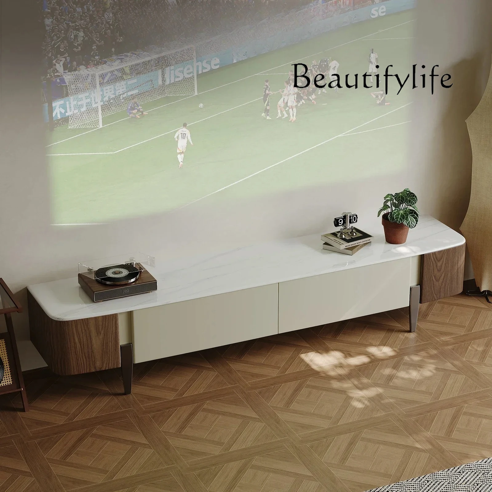 

Italian minimalist TV cabinet marble modern high-end living room home designer walnut leather