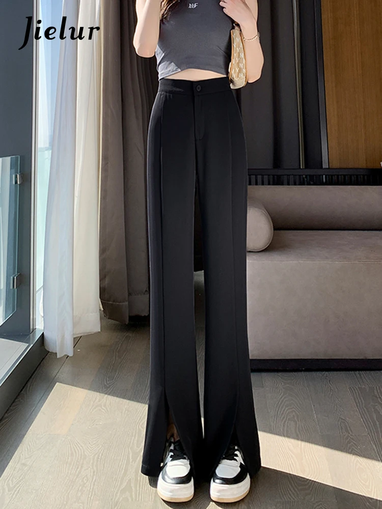 Jielur Pure Color Summer Casual Split Trousers Women High Waist Straight Floor Pants Female Preppy Style Simple Chic Pants Lady