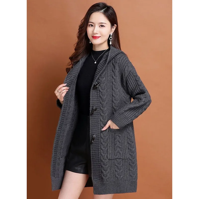 Autumn Winter Thick Sweater New Style Knitted Outerwear Women\'s Cardigan Medium Long Hooded  loose Cardigan Knit Sweater Coat