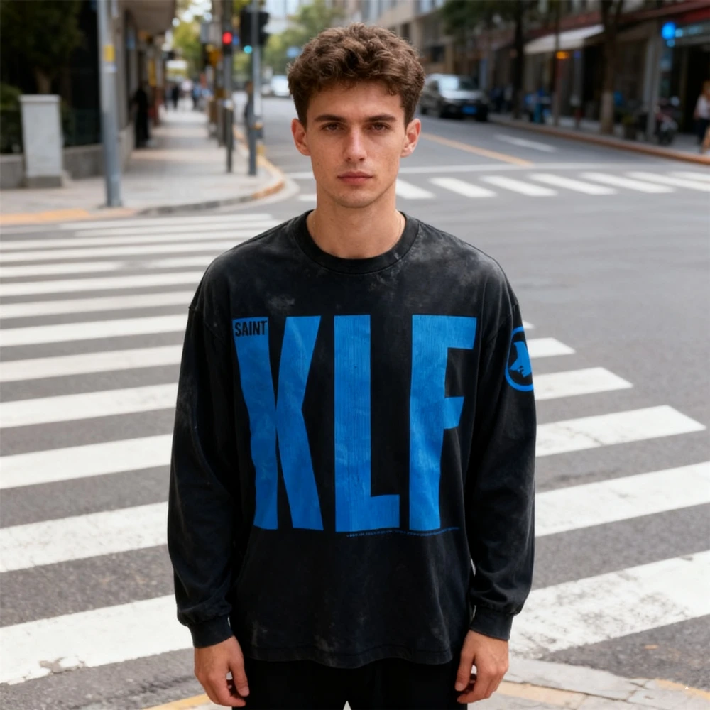 KUCLUT Fashion 1:1 SAINT Japanese Style Quality Tops Vintage Graphics Long Sleeves Tee 100%Cotton Oversized Loose T Shirt Men