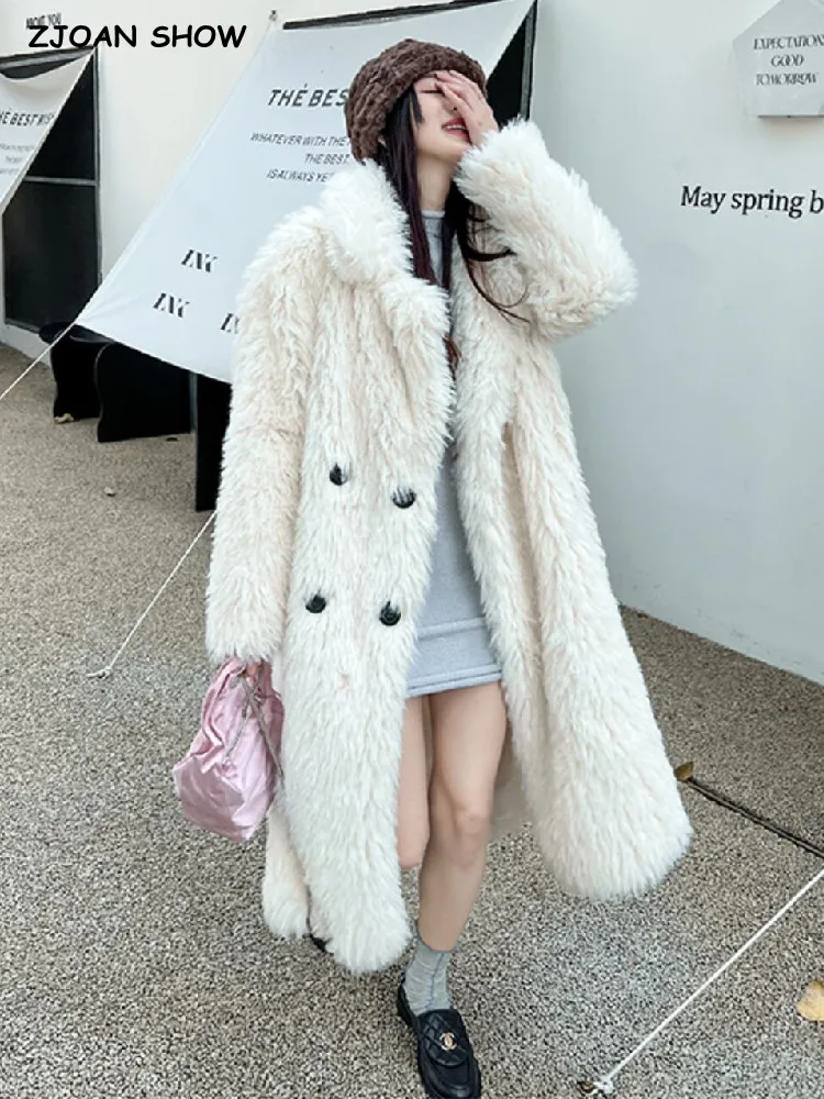 

2022 Winter Double-breasted Buttons Lapel Fur Coat Full Sleeve Loose Warm Shaggy Long Faux Lamb Fur Jacket Oversized Midi Coat