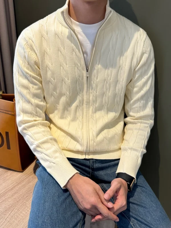 

Retro Collar Knitted Zipper Men's Color Sweater Versatile Trendy Outerwear Comfortable Fit Long Sve Cotton Blend