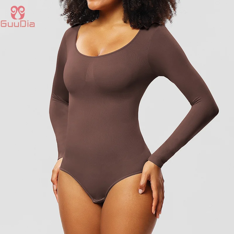 GUUDIA-Shaper de corpo inteiro de cintura emagrecedora para mulheres, bodysuit manga comprida, levantador de bumbum, botão snap, shapewear sexy, controle de barriga