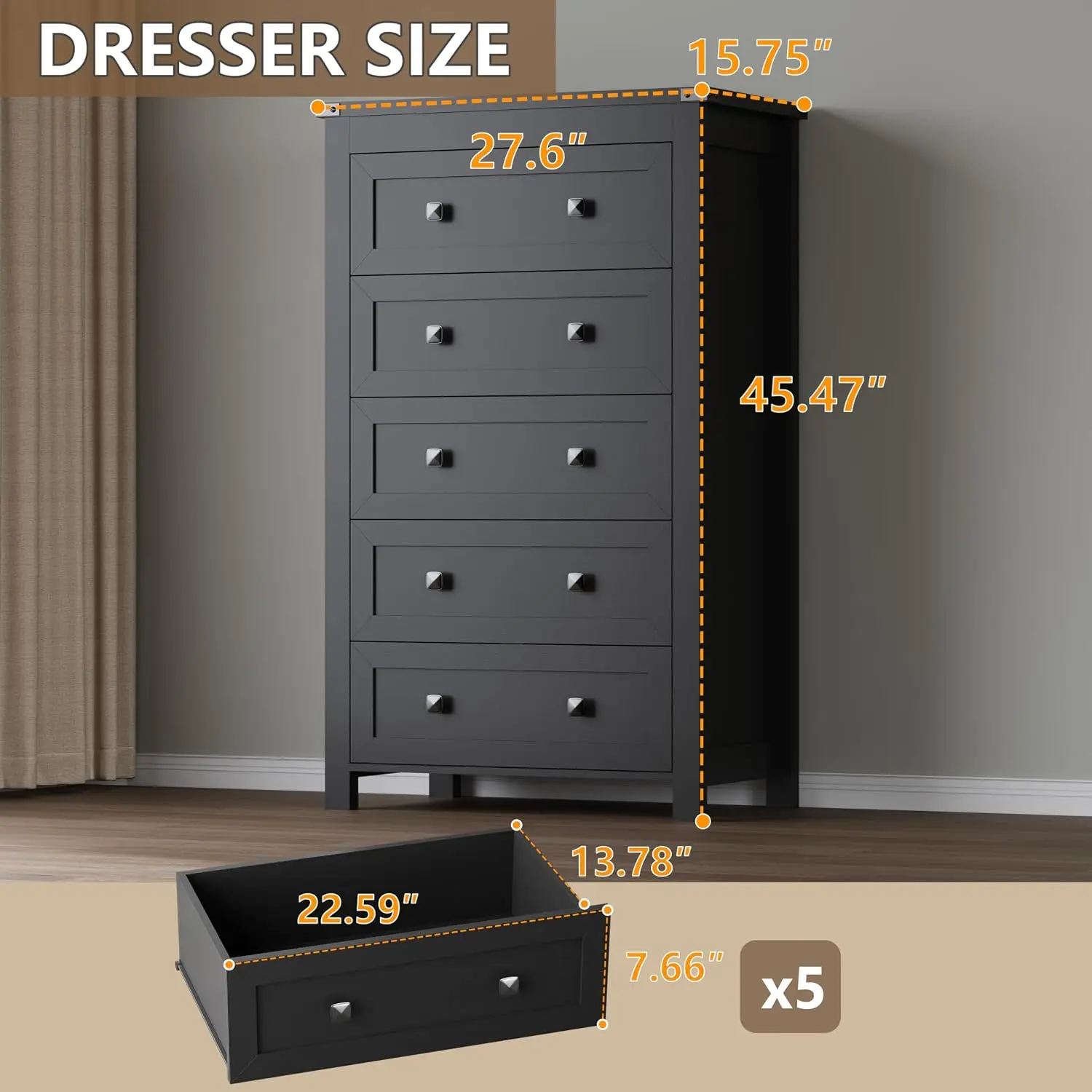 Tall 5-Drawer Dresser Wooden Storage Chest TV Stand Metal Handles Bedroom Living Room Hallway, Customized